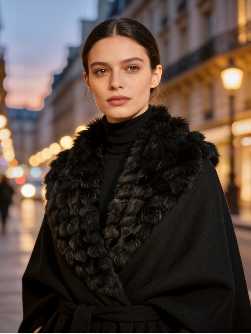Jayley Luxury Faux-Fur Trim Black Wrap Shawl with Fringe - Women's Accessories
